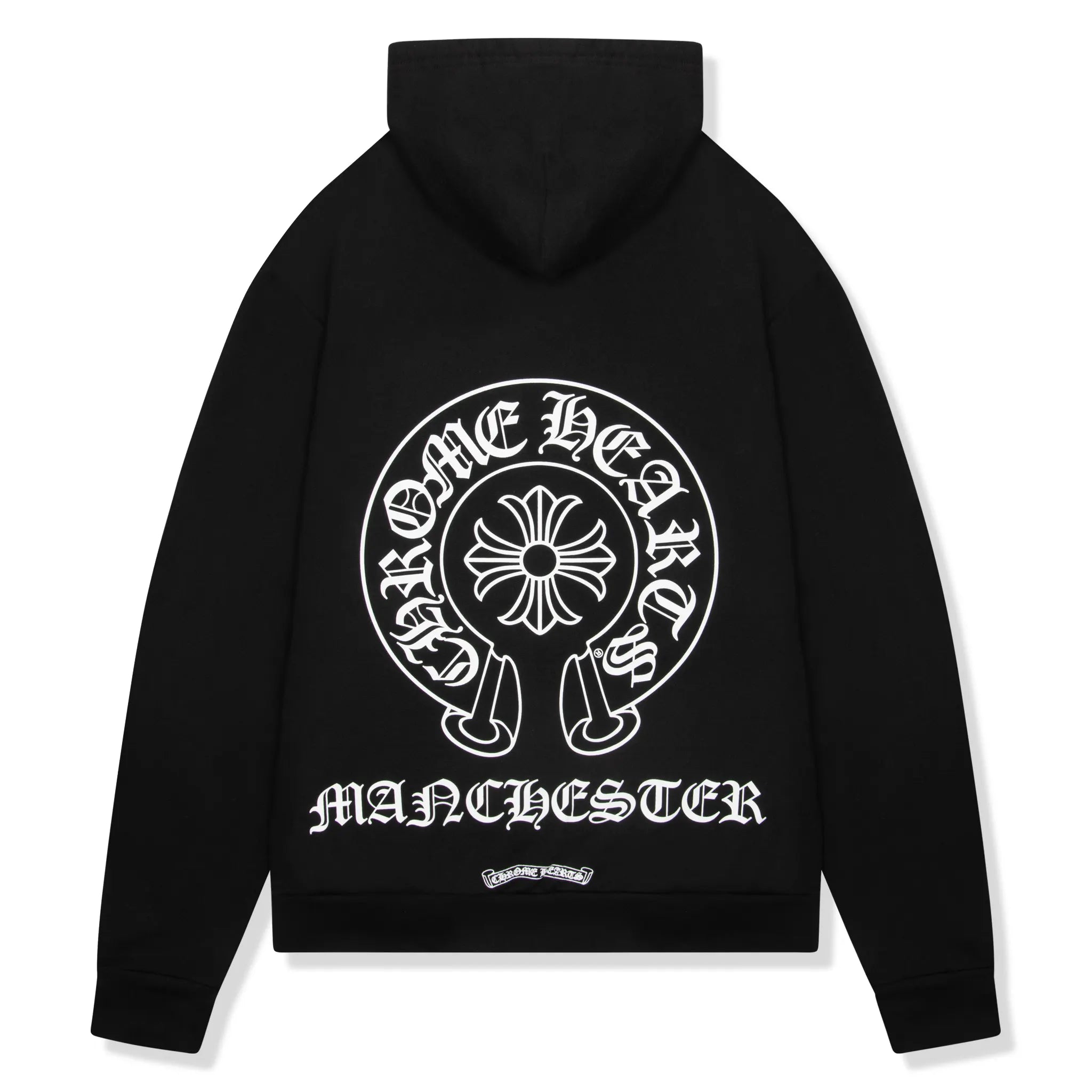 Back view of Chrome Hearts Manchester Exclusive Horse Shoe Zip-Up Black Hoodie